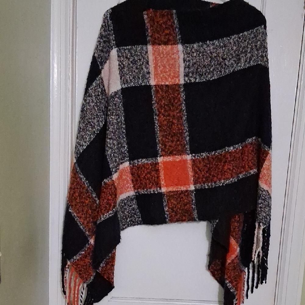 Cozy Black and Orange Plaid Women's Knit Poncho